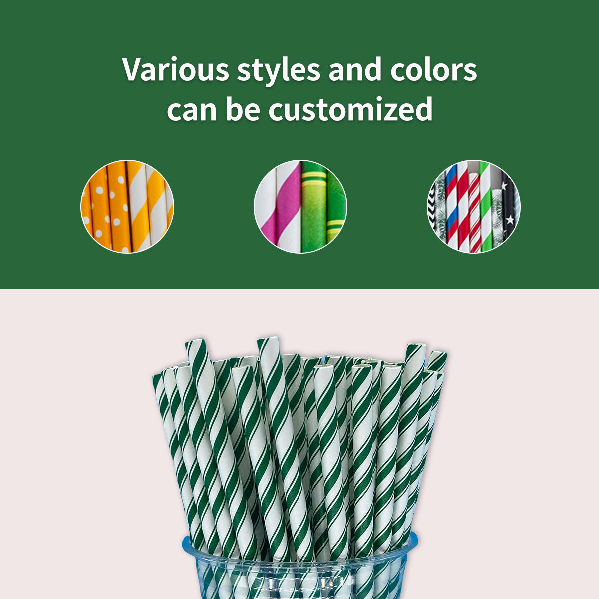 6*197mm Green Bull Straw - Eco Chic Collection: 100-Piece Double Green Stripe Paper Straw Set