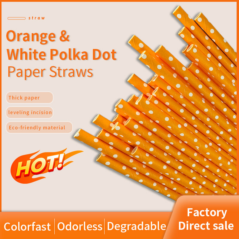 6*197mm Green Bull Straw - Sunny Delight: Eco-Friendly Orange and White Dots Paper Straw Set (Pack of 100)