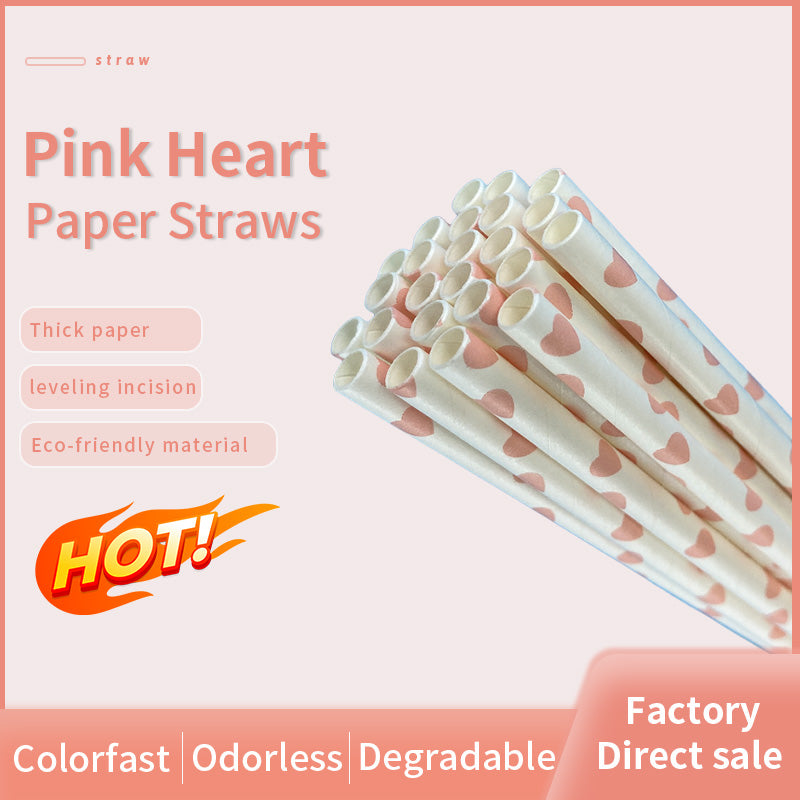6*197mm Green Bull Straw - Love in Bloom: Eco-Friendly Pink Heart Paper Straw Set a Pack of 100