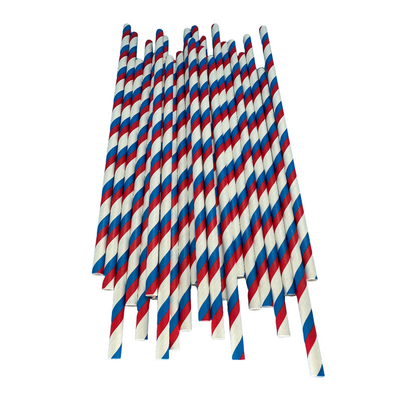 6*197mm Green Bull Straw - Vibrant Harmony: 100-Pack Eco-Friendly Blue and Red Streak Paper Straw Set