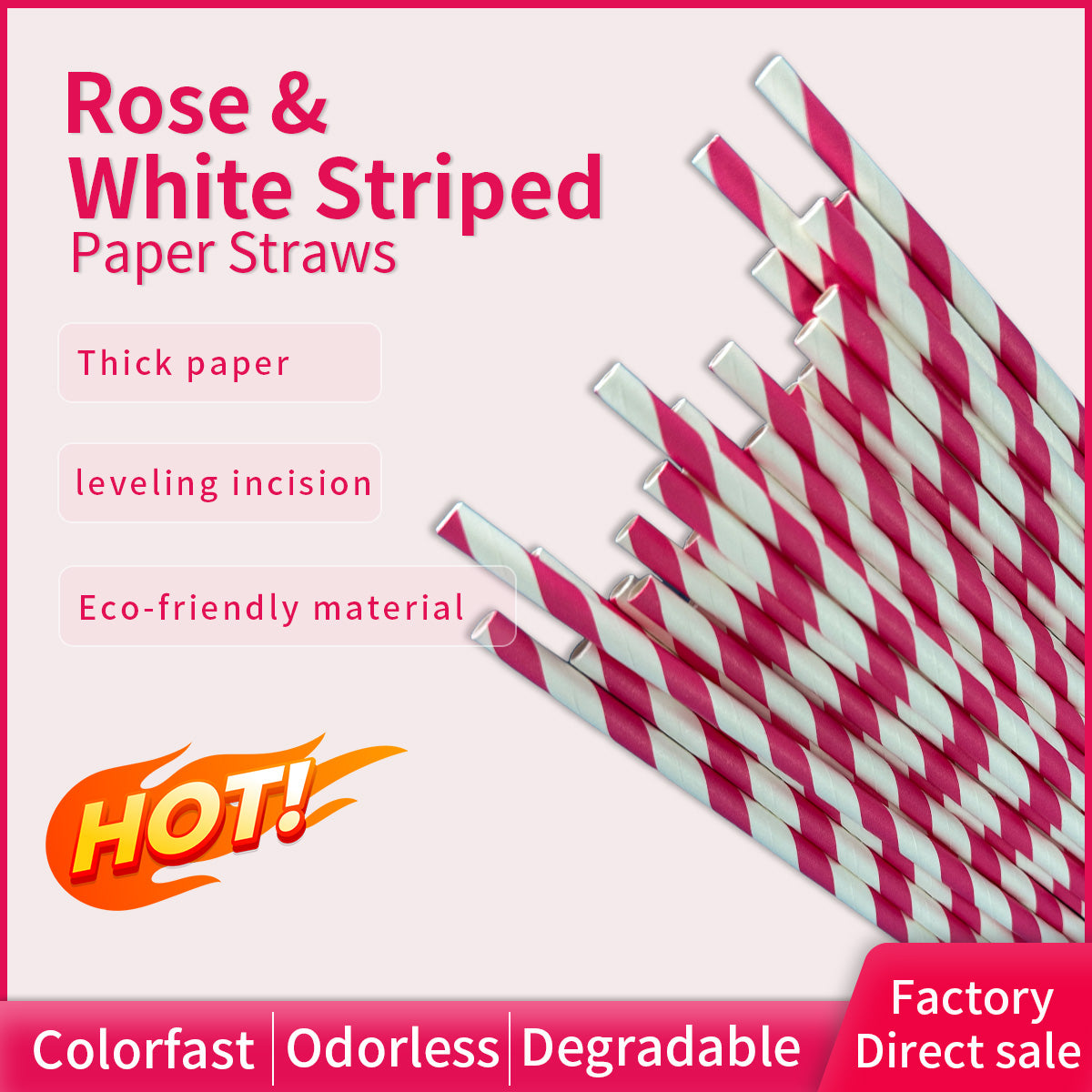 Disposable Straws Wholesale With Rose & White Striped Paper Straw Set a Pack of 100