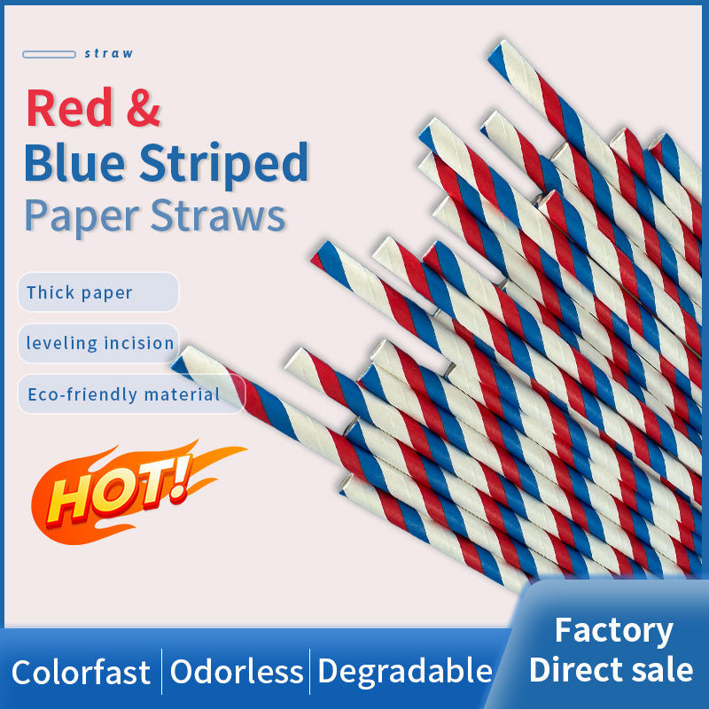 6*197mm Green Bull Straw - Vibrant Harmony: 100-Pack Eco-Friendly Blue and Red Streak Paper Straw Set