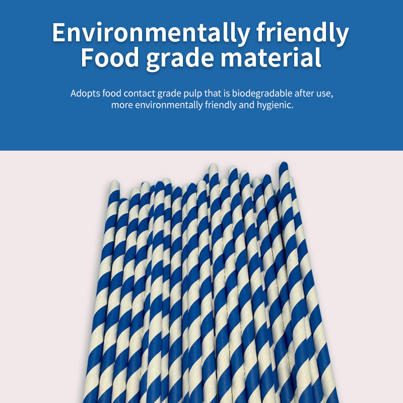 6*197mm Green Bull Straw - Ocean Breeze 100 Pack Eco-Friendly Blue Striped Paper Straw Set