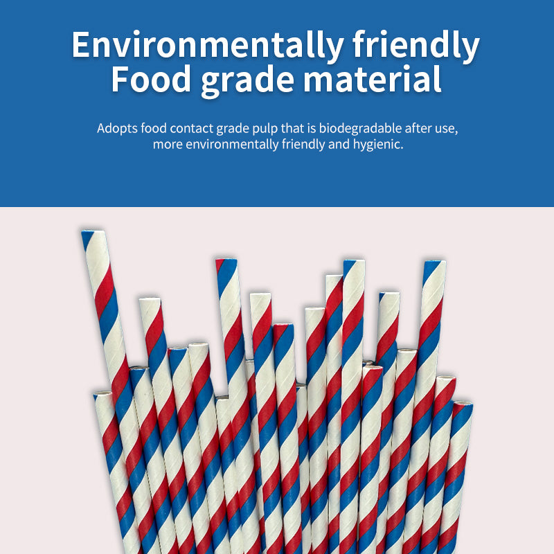 6*197mm Green Bull Straw - Vibrant Harmony: 100-Pack Eco-Friendly Blue and Red Streak Paper Straw Set