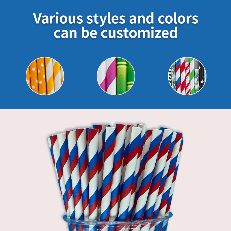 6*197mm Green Bull Straw - Vibrant Harmony: 100-Pack Eco-Friendly Blue and Red Streak Paper Straw Set