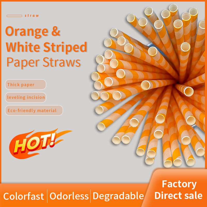 6*197mm Green Bull Straw - Sunset Radiance: Eco-Friendly Orange Streak Paper Straw Set a Pack of 100