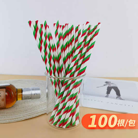 Green Bull Straw - Celebrate Sustainably: GreenCow's Festive 100-Piece Green and Red Stripe Paper Straw Set