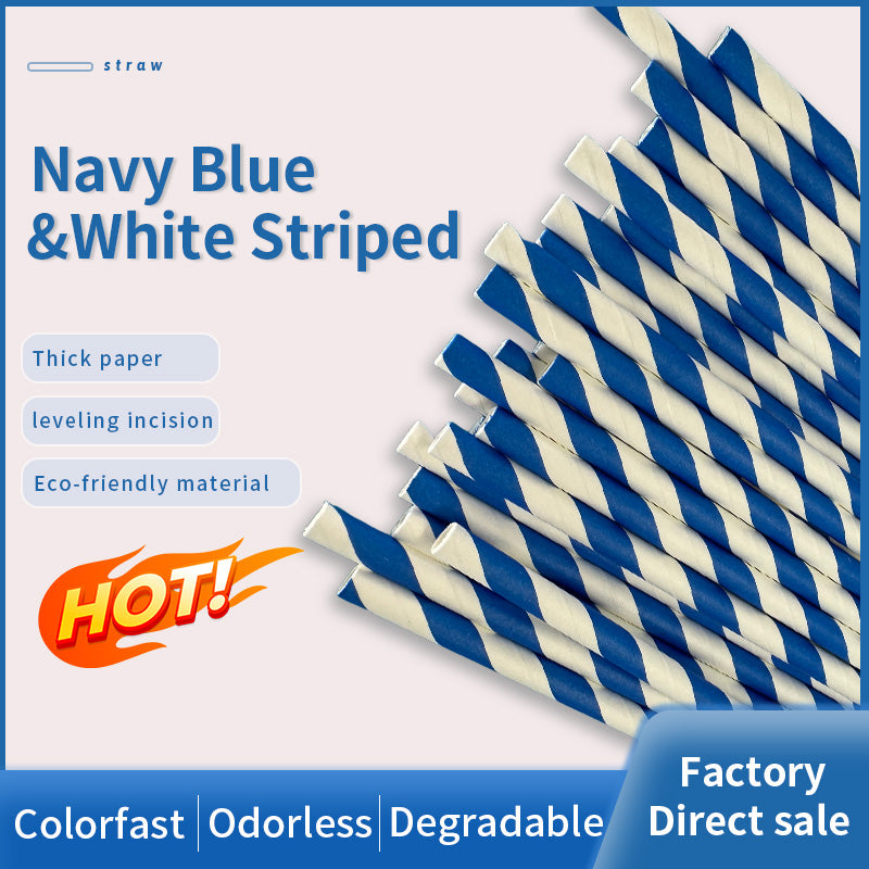 6*197mm Green Bull Straw - Ocean Breeze 100 Pack Eco-Friendly Blue Striped Paper Straw Set