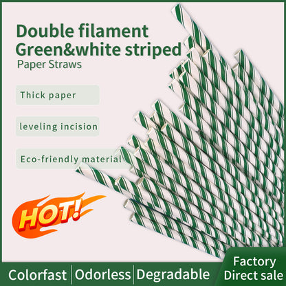 6*197mm Green Bull Straw - Eco Chic Collection: 100-Piece Double Green Stripe Paper Straw Set