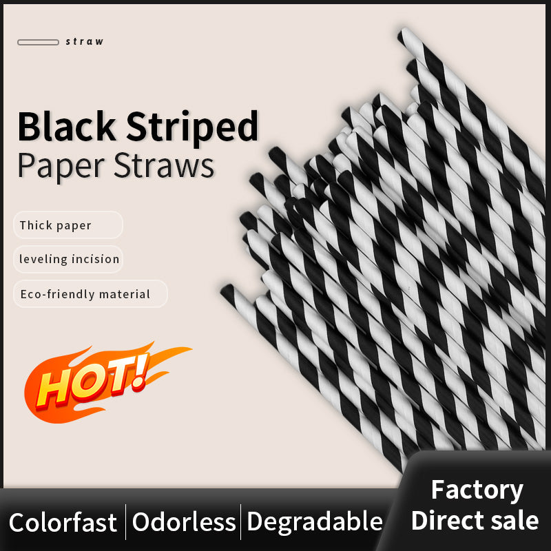 6*197mm Green Bull Straw - Zebra Elegance Eco-Friendly 100-Pack Black Streak Paper Straw Set