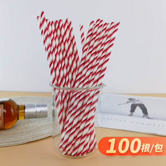 Green Bull Straw - Eco Elegance: 100-Piece Double Red Stripe Paper Straw Set