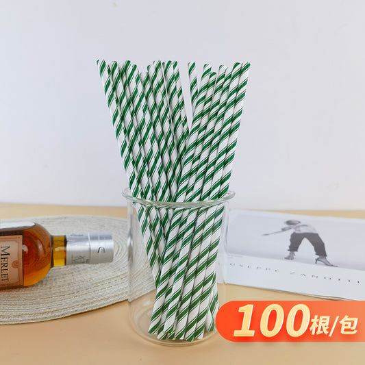 Green Bull Straw - Eco Chic Collection: 100-Piece Double Green Stripe Paper Straw Set